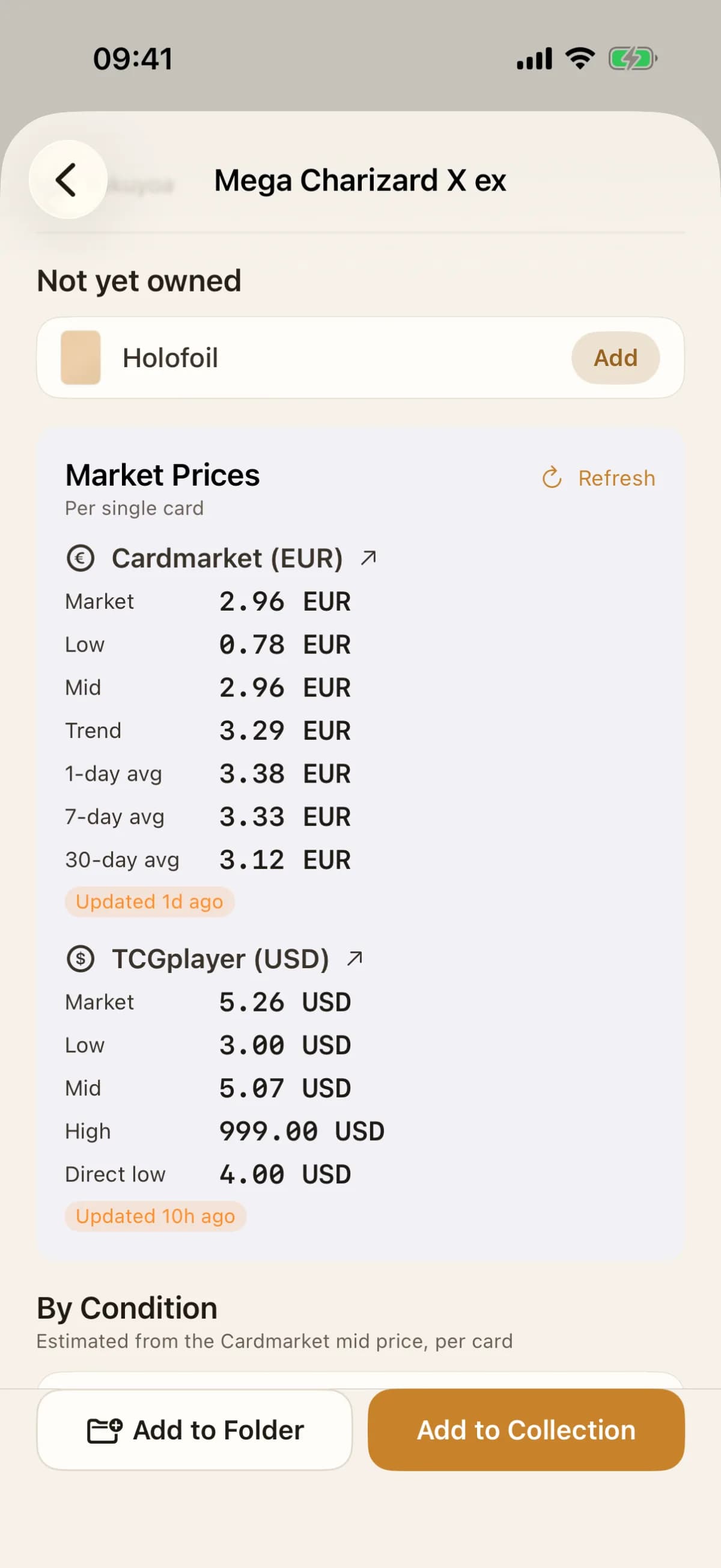 FoilVault card detail with Cardmarket and TCGplayer prices