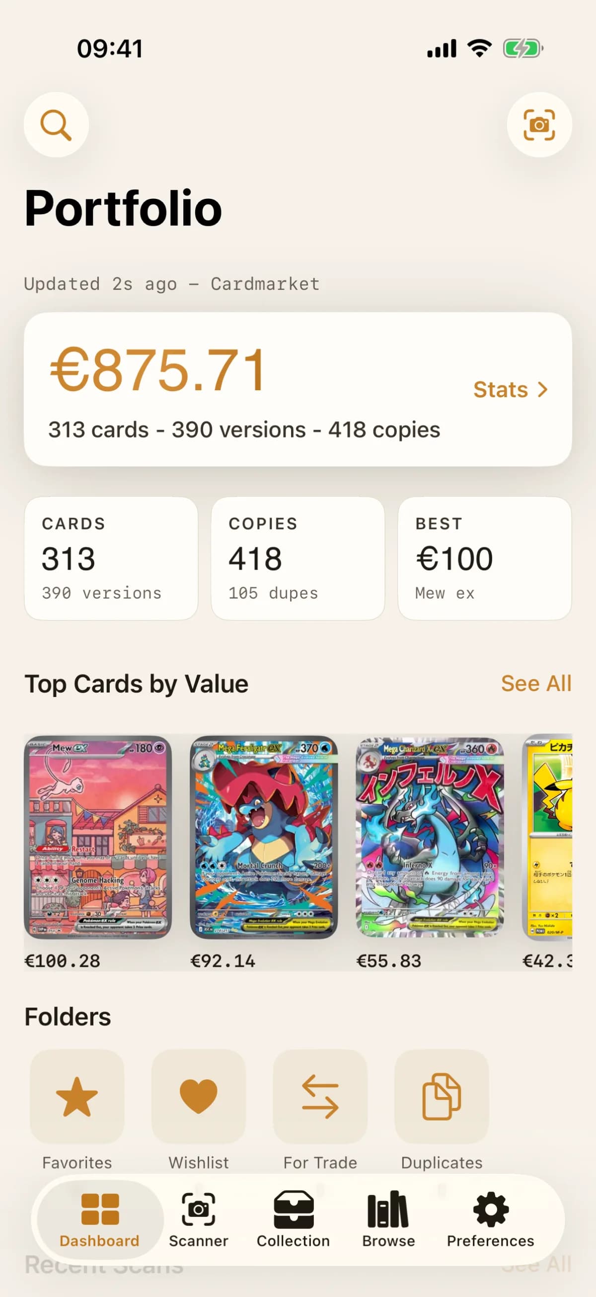 FoilVault portfolio home showing the collection value, top cards and recent scans