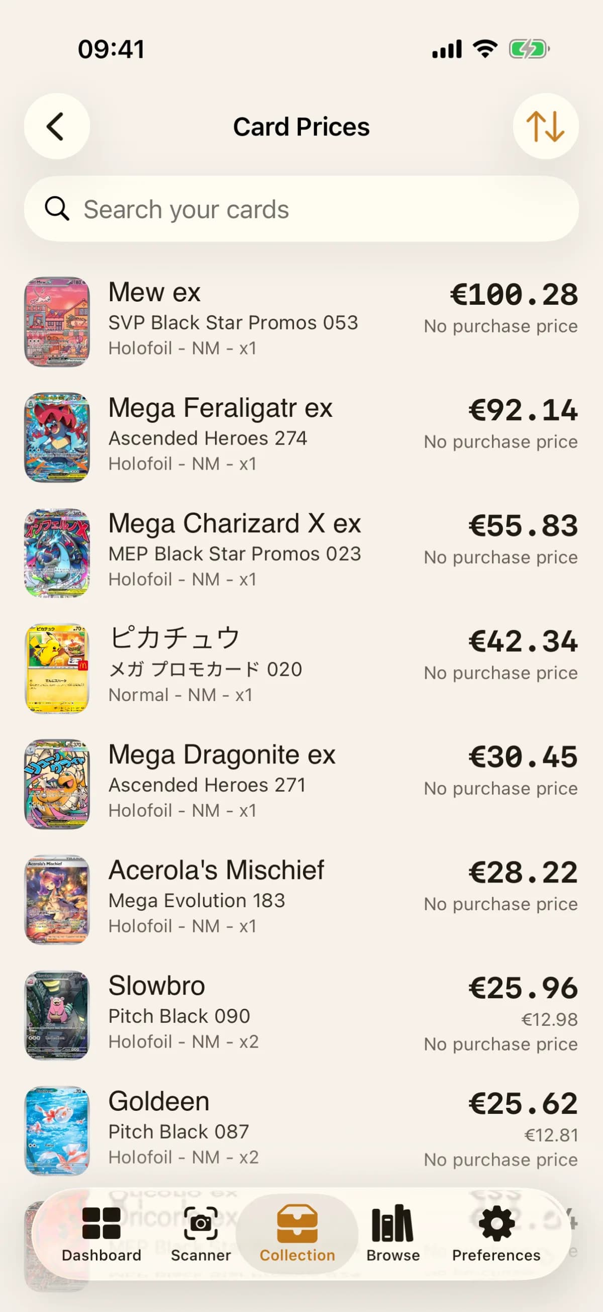 FoilVault card prices list, every owned card with its current price