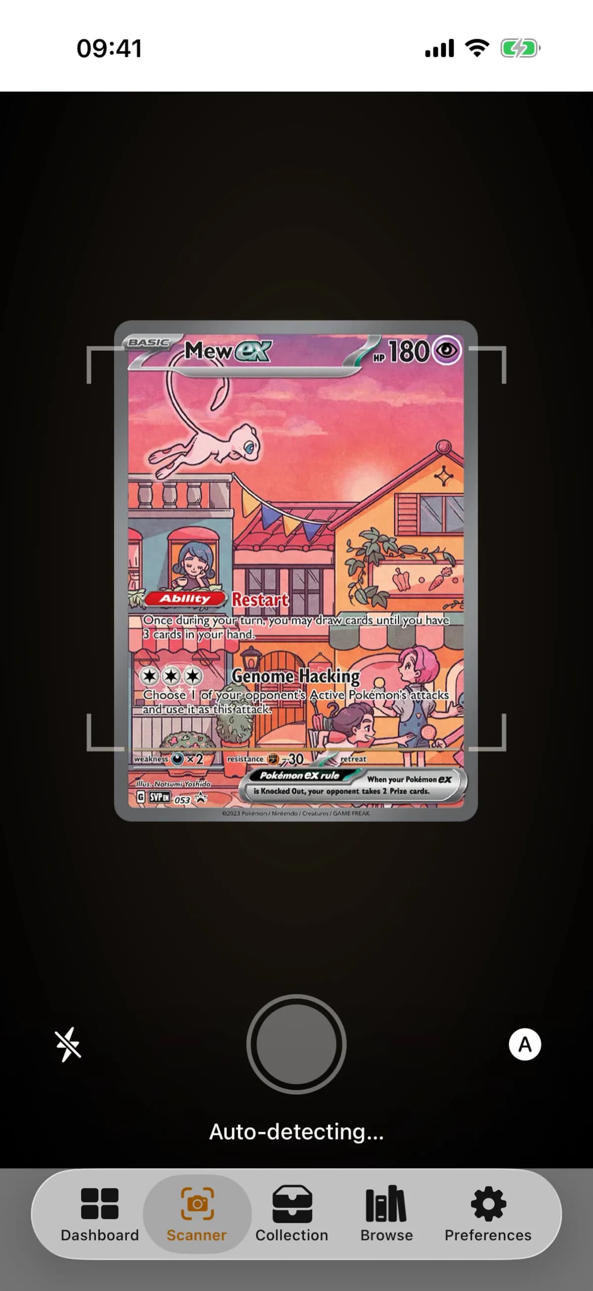 FoilVault scanner viewfinder with a card lined up in the corner brackets