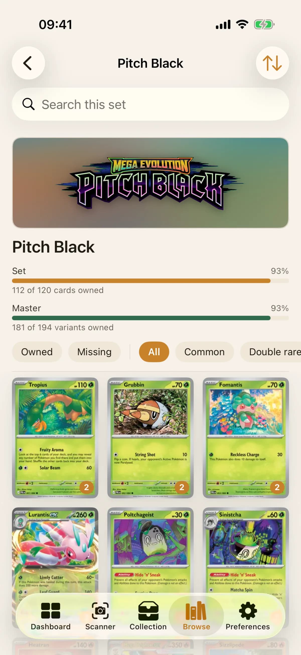 FoilVault set completion grid for Pitch Black
